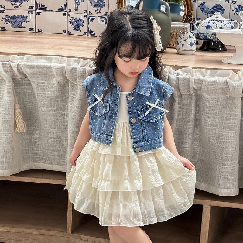 L112女童韩系牛仔马甲吊带裙夏季洋气休闲两件套套装连衣裙女孩