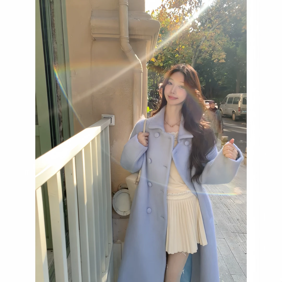 【日剧初恋】UM家蓝色夹棉加厚冬网红韩版宽松长款毛呢子大衣外套女