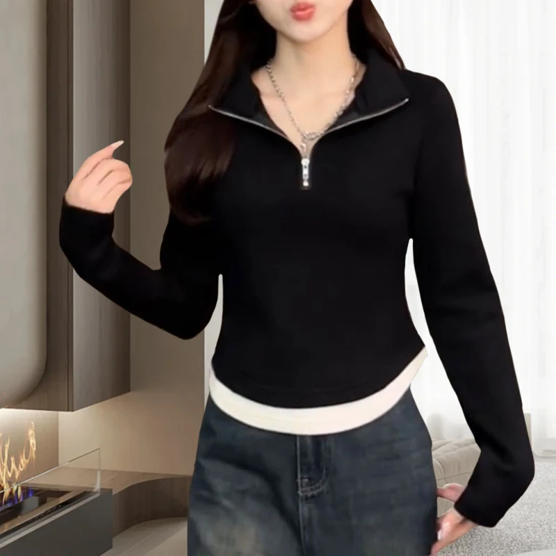 大码胖mm立领半拉链拼色打底衫女高级感休闲假两件内搭长袖T恤衫