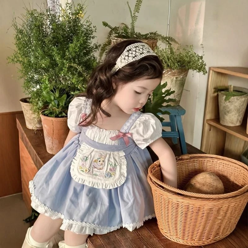 女童短蓬连衣裙洛丽塔夏季清爽蓝白兔卡通公主裙泡泡袖假期沙滩潮