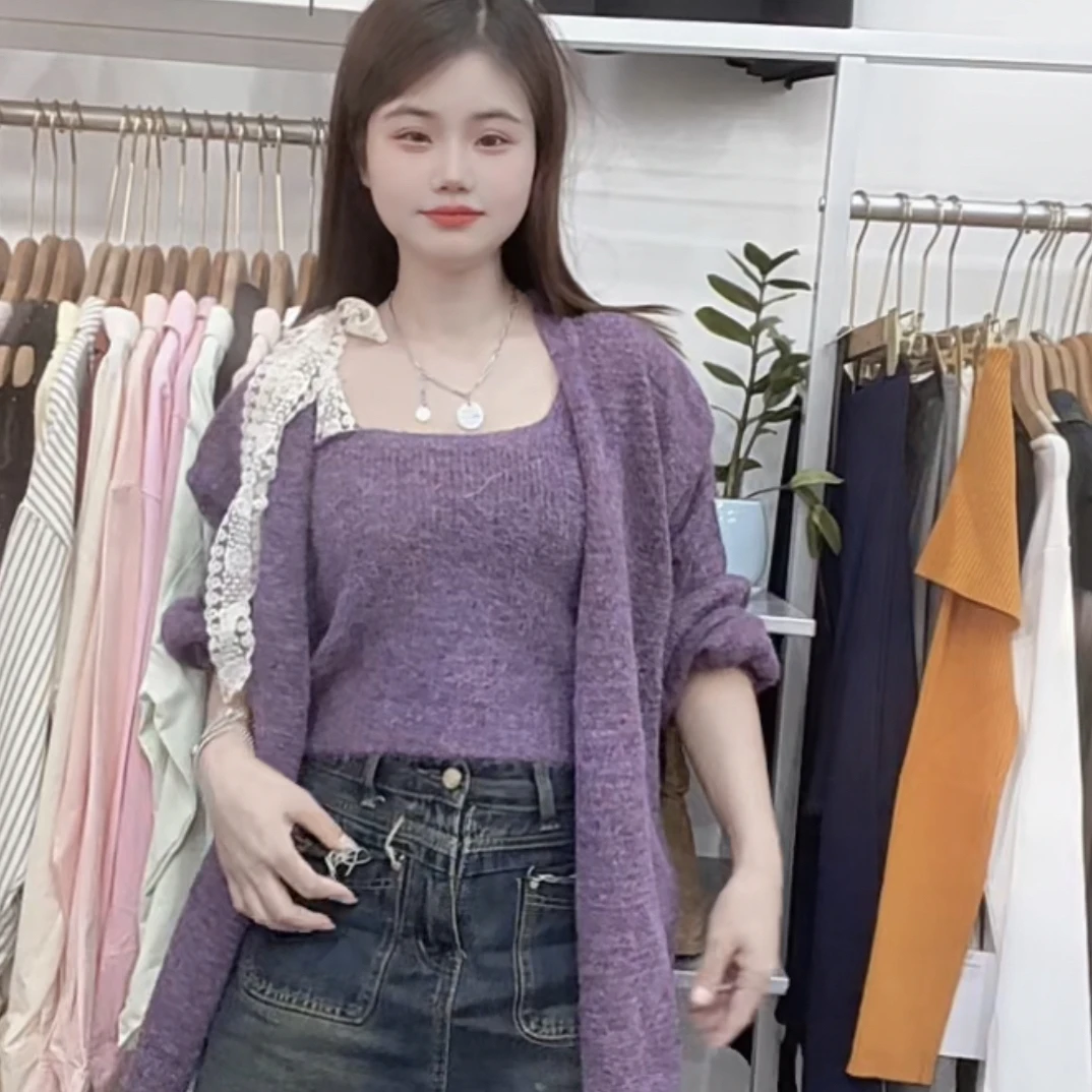 方领秋季常规长袖紫色常规款毛针织衫纯色圆领春季