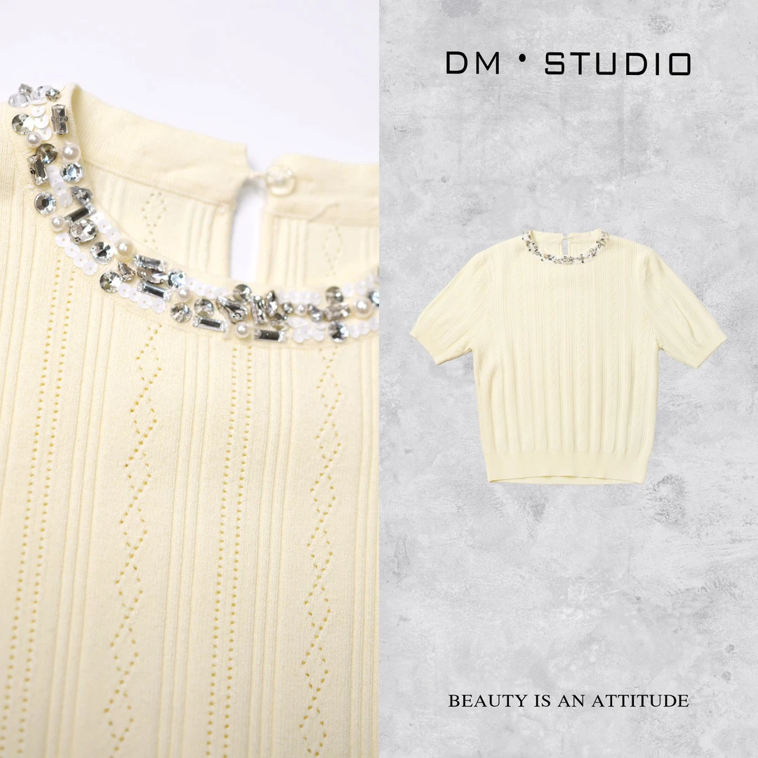 DEDM•STUDIO/气质慵懒减龄珠片领针织圆领上衣（2504MZZS/6690）