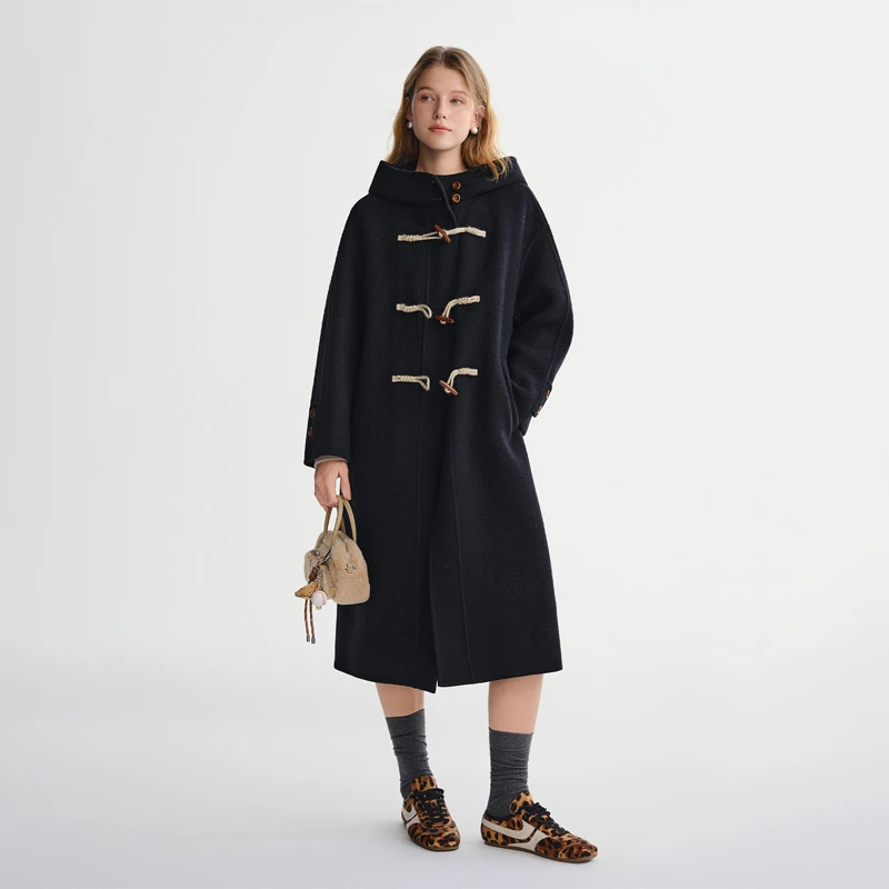 独束大码女装【薄荷生巧】牛角扣中长毛呢外套25DS84113/84450