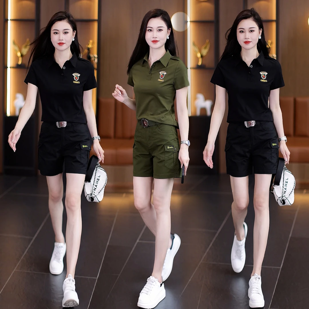 夏季迷彩休闲运动套装女2025新款宽松显瘦百搭翻领T恤短裤两件套