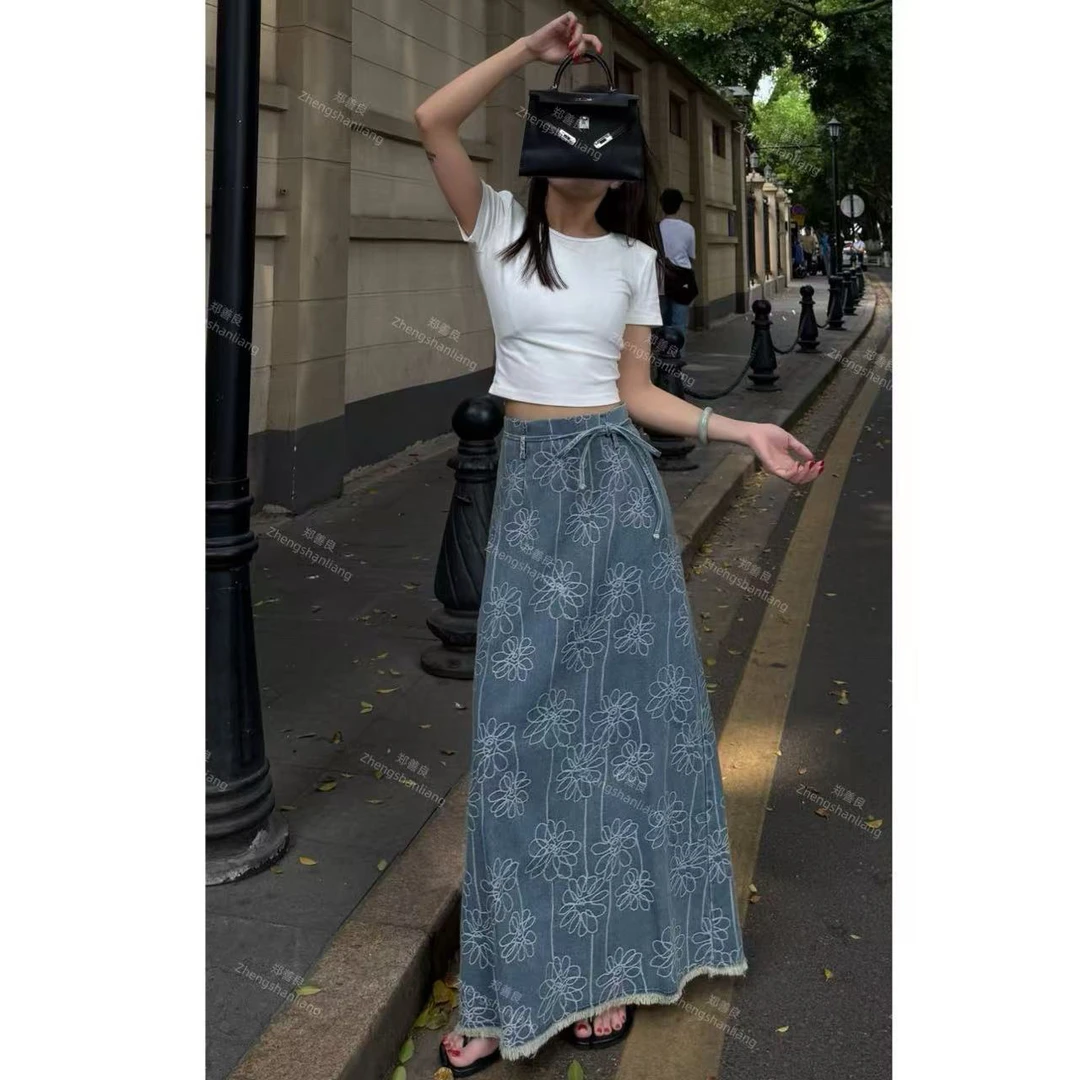 ZSL（刺绣半裙）夏季小众后开叉复古优雅刺绣牛仔半裙（配腰绳）