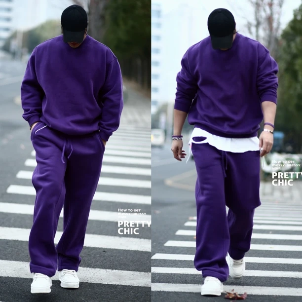 时尚紫色潮流简约美式柔软舒适加绒套装（上衣裤子放开拍）