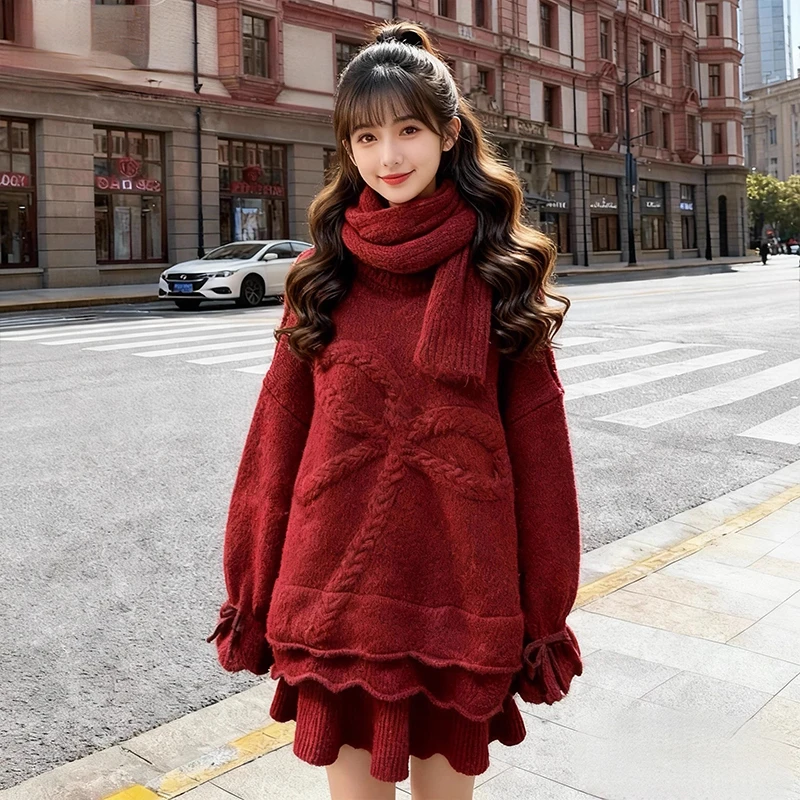 韩版简约上衣裙子围巾三件套女2026冬季新款通勤出街轻松好搭配