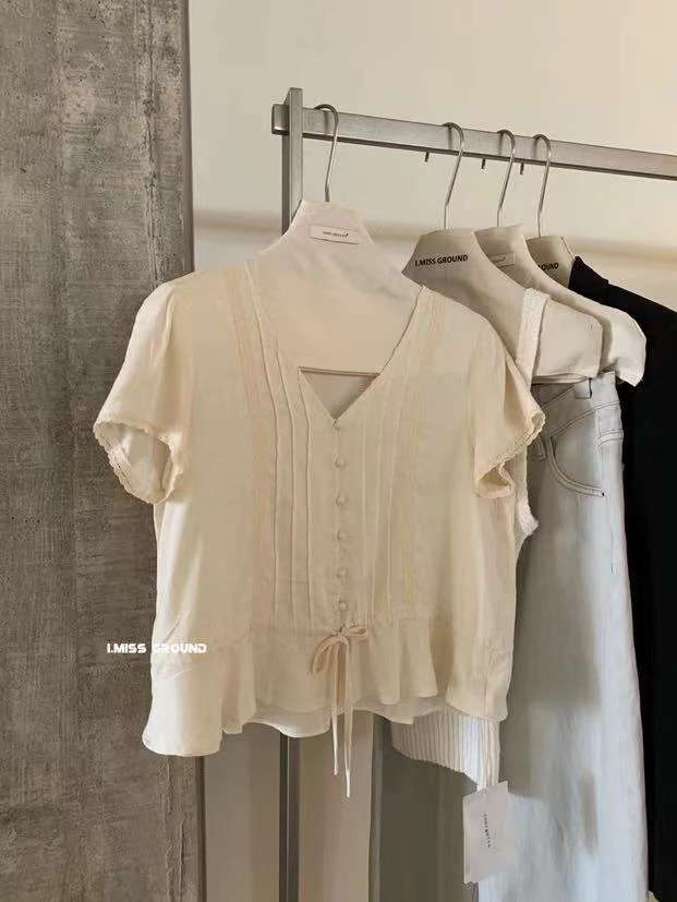 imiss@70663 韩系简约百搭V领系带短袖小衫（35亚麻）6-26