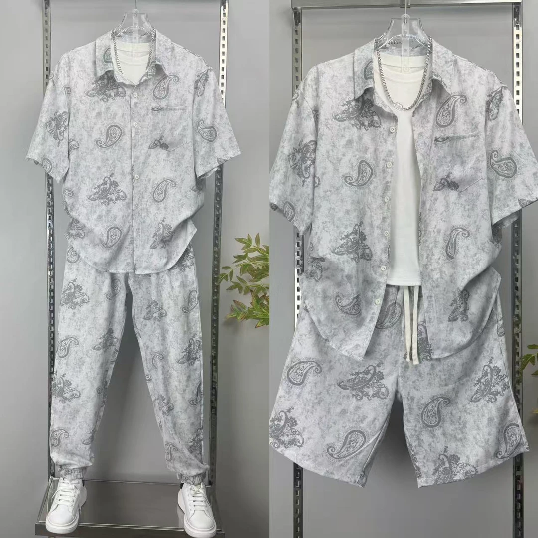 夏季男薄款冰丝腰果花翻领衬衫短袖束脚裤俩件套宽松短裤凉快套装