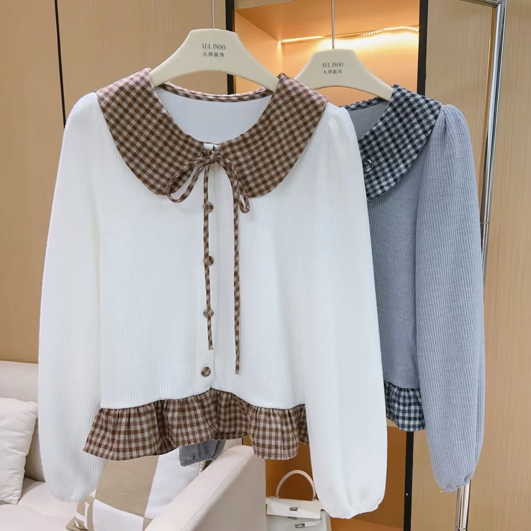 丨早秋新款多色法式复古娃娃领格子荷叶边上衣针织衫 5656