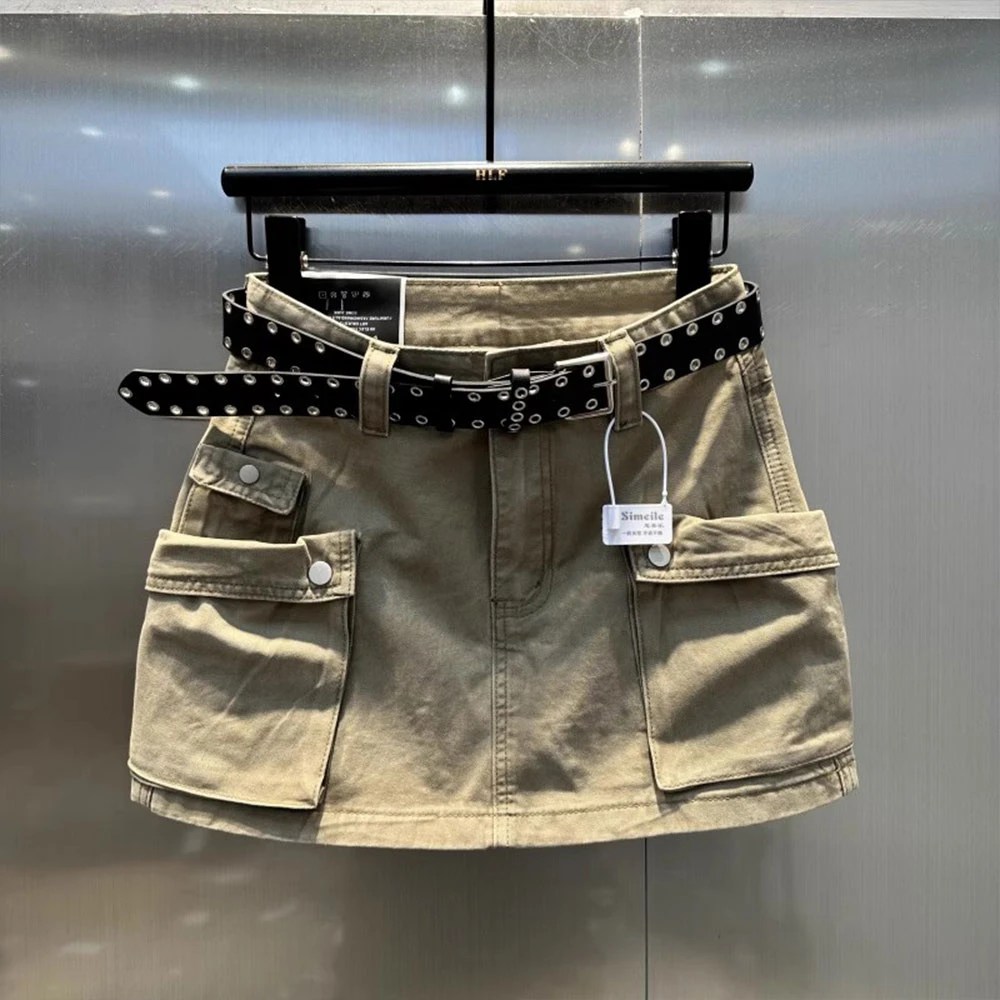 复古美式口袋工装休闲牛仔半身裙女2025夏季新款高腰显瘦包臀裙潮