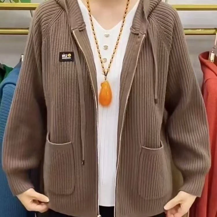 纯色时尚连帽外套新款轻奢中老年妈妈秋季竖条字母针织衫拉链毛衣