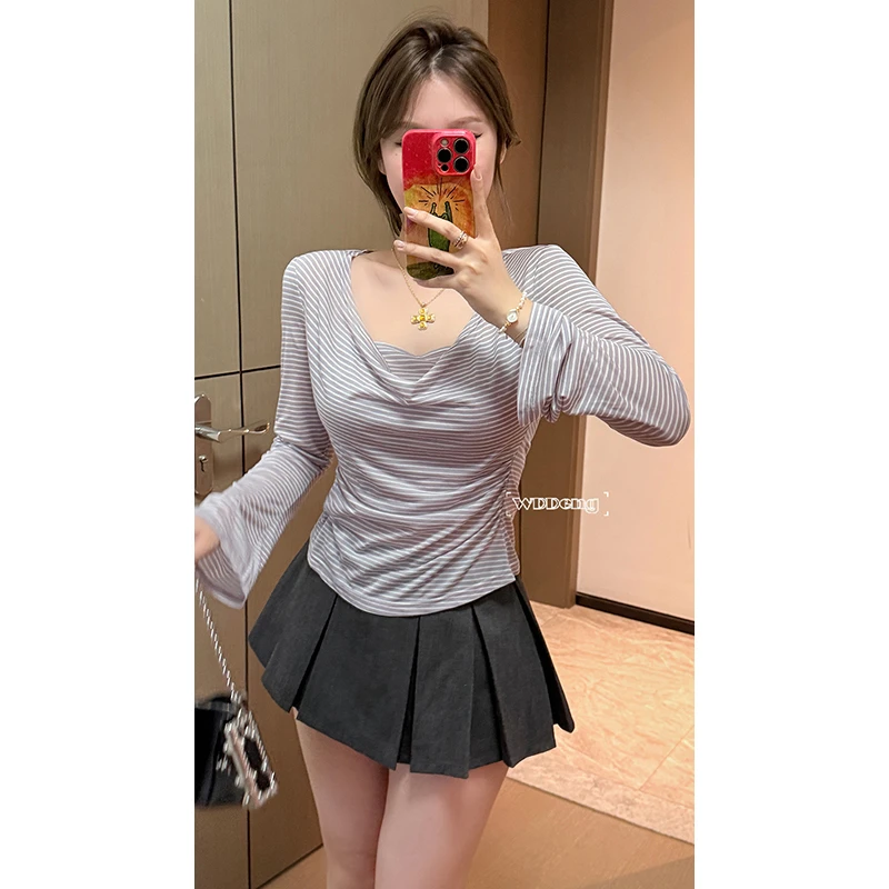 清清款王等等【渐入佳境】新款100%莱赛尔条纹针织上衣U225Y06228