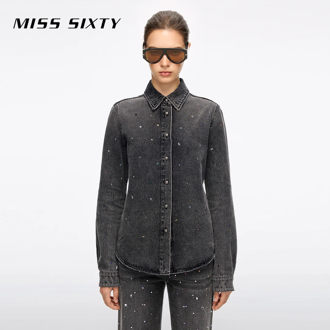 Miss Sixty2025冬季新款长袖牛仔衬衫女重工多彩烫钻翻领复古洗水