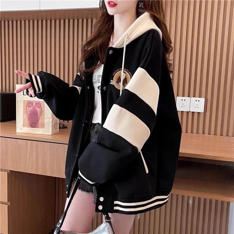 官图华棉复牛奶丝秋季薄款内抽大码后包领拼接双层帽学生外套