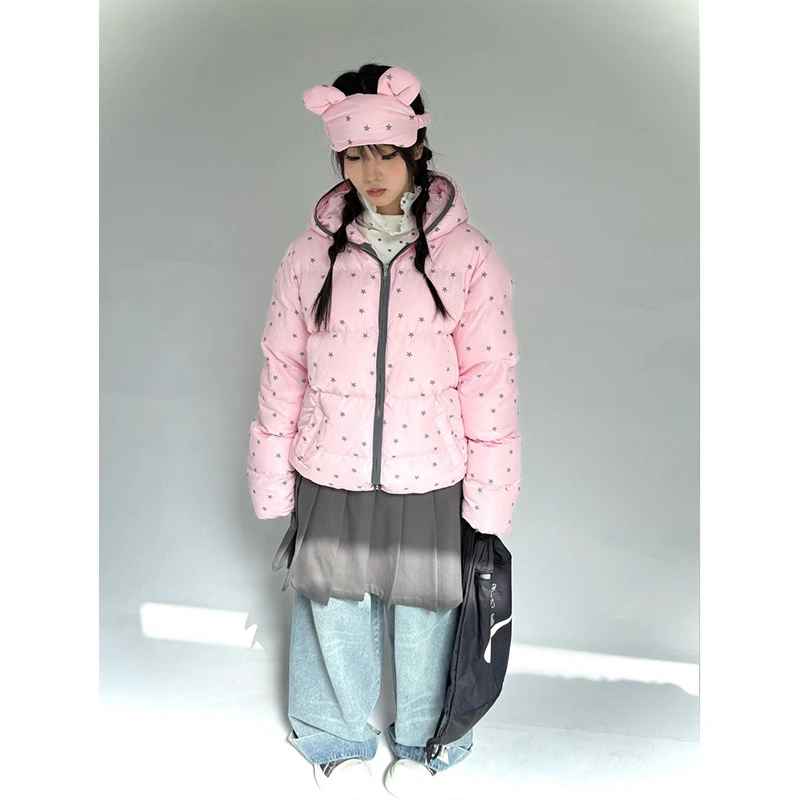 粉色甜美风超可爱满星印花连帽面包服女冬季加厚保暖熊耳朵小棉袄