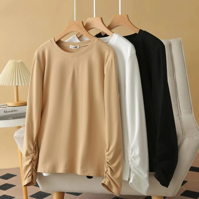 大码打底衫女胖mm早秋2024年新款时尚设计感简约褶皱开叉长袖t恤