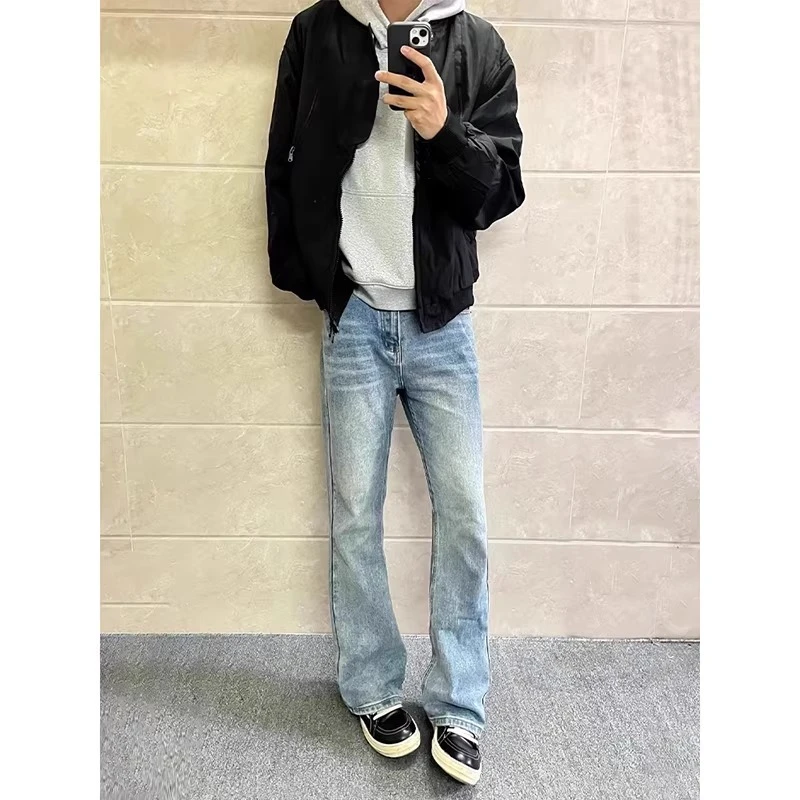 美式cleanfit浅蓝色牛仔裤男款春秋季高腰显瘦vibe裤子微喇直筒裤