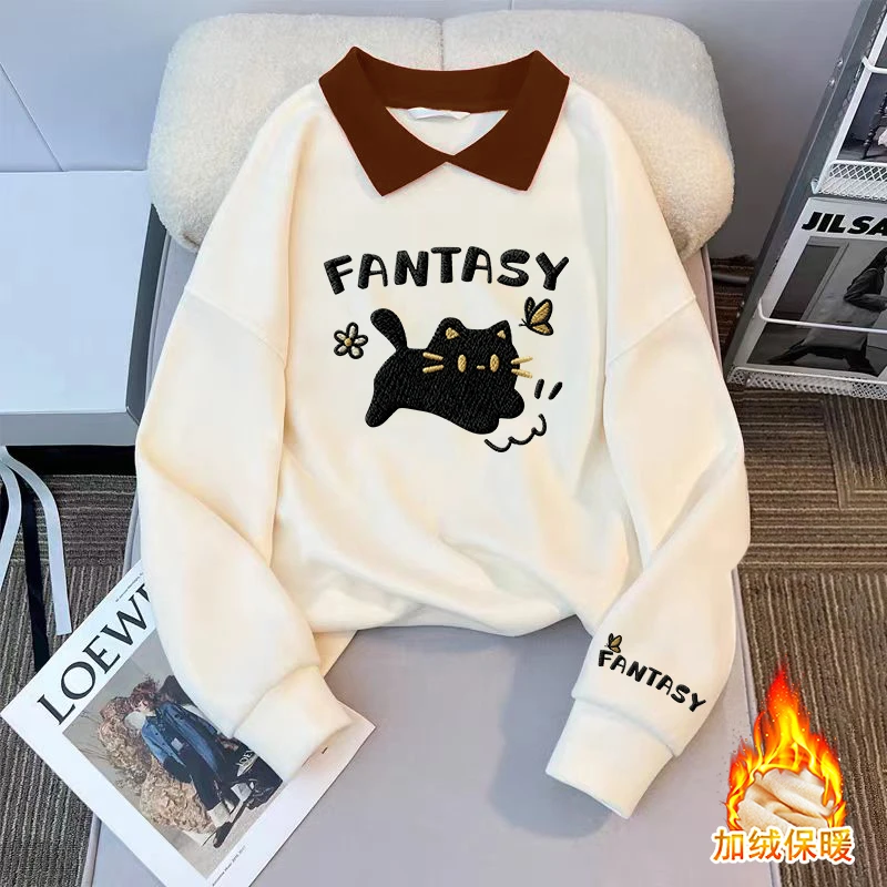 女童翻领卫衣秋冬2025新款洋气时尚童装潮流女童加绒衣服印花上衣