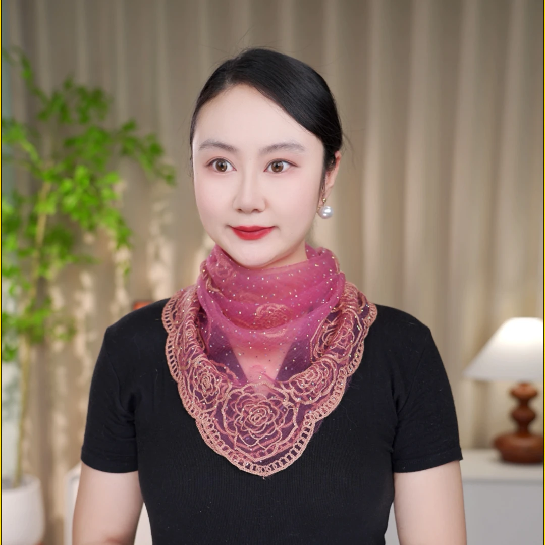 新款刺绣玫瑰花多功能百搭时尚爆款绣花蕾丝丝巾围巾(70x70cm)