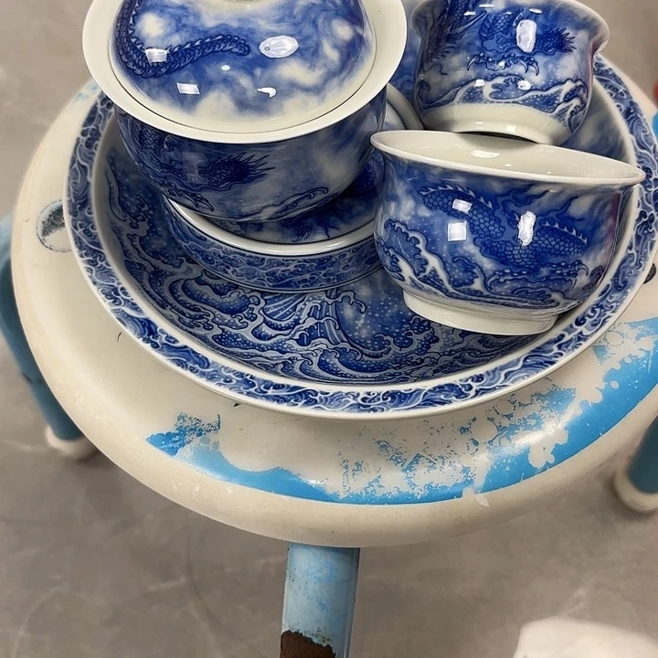 摆件陶青花龙吸水五件套