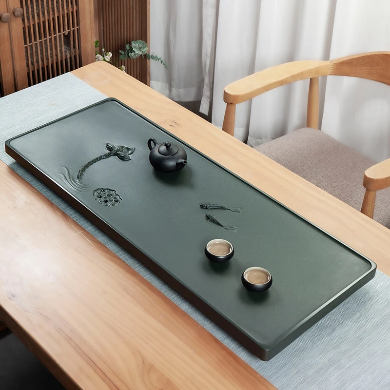 茗昊天然绿松石茶盘整块雕刻排水家用客厅茶台现代浮雕荷花鱼中式