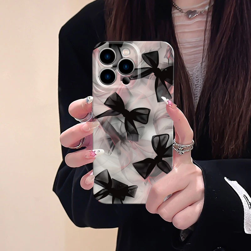 透亮高级黑色蝴蝶结适用苹果1615pro菲林手机壳华为vivoppo小米14