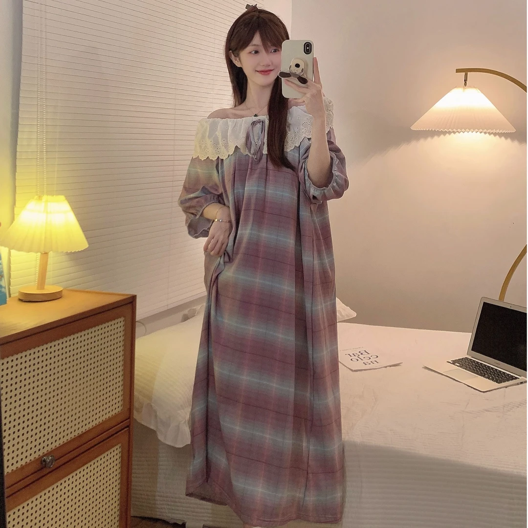 灰紫色格夏季长裙休闲韩版甜美短袖女装睡裙裙子大码