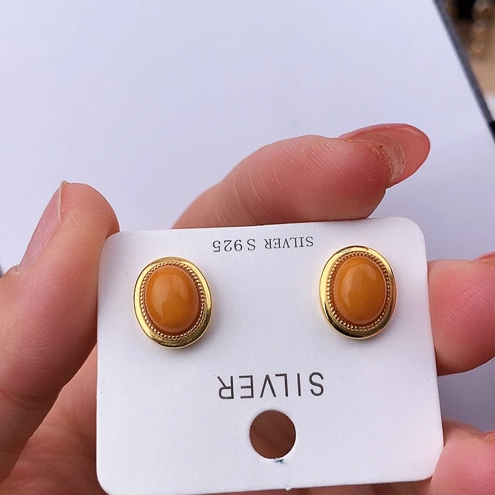 蜜蜡耳饰银S925镶嵌耳饰