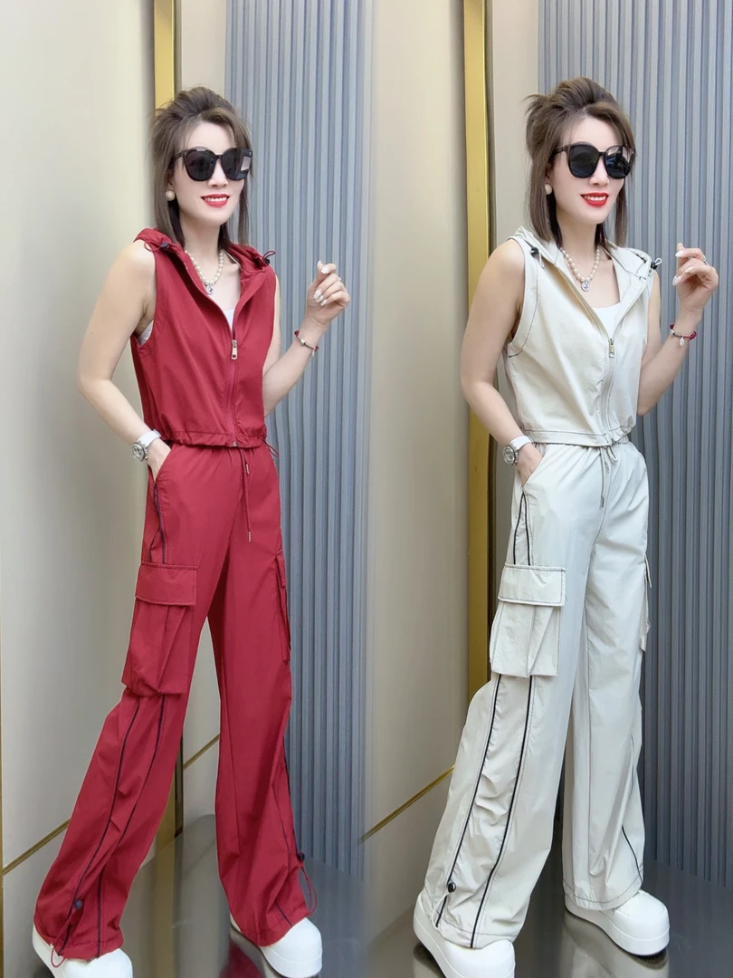 5267#复古工装马甲抽绳阔腿裤两件套