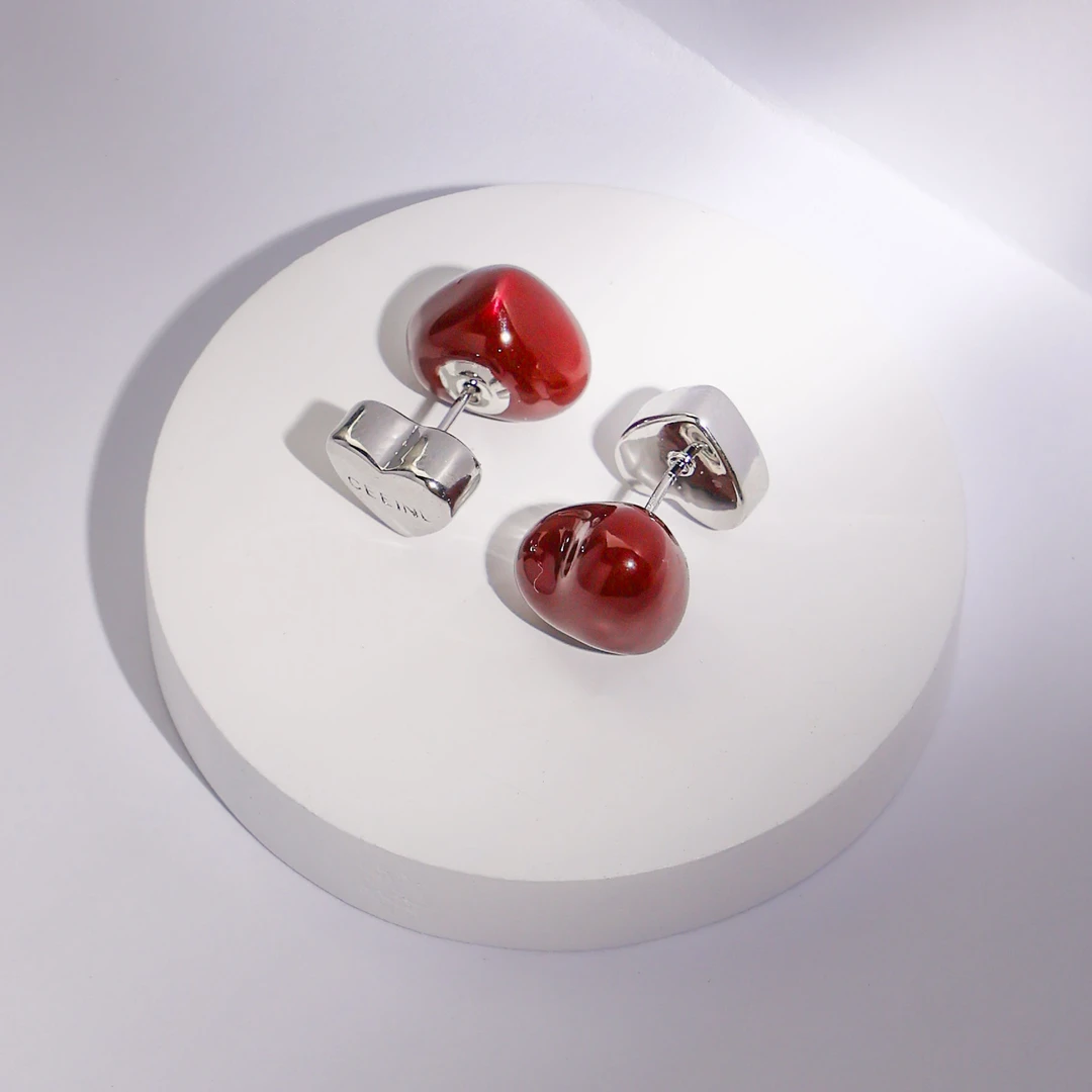 铜合金珐琅耳饰 ONETOP新年喜庆红925银针耳钉秋冬复古红色耳环