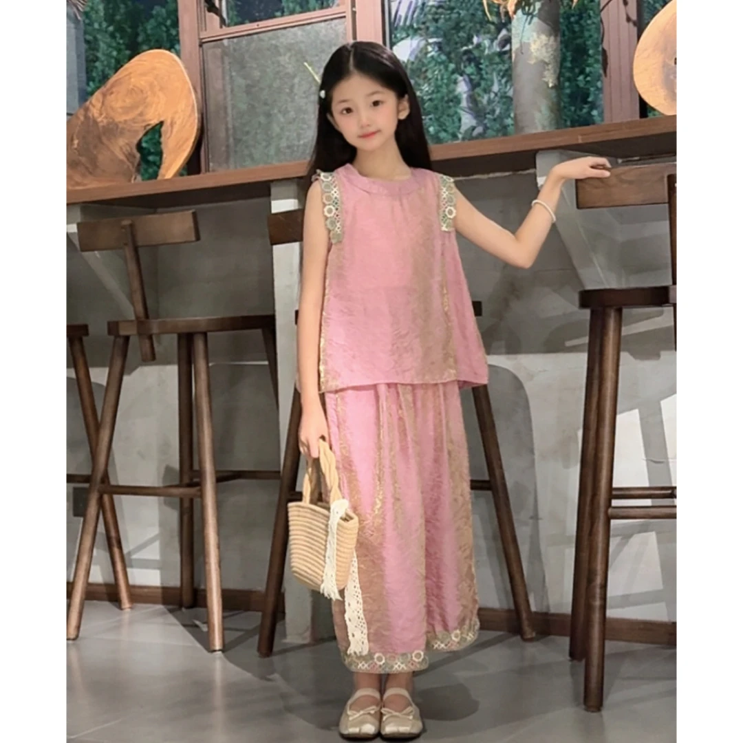 女童夏季女孩花边背心阔腿裤两件套D