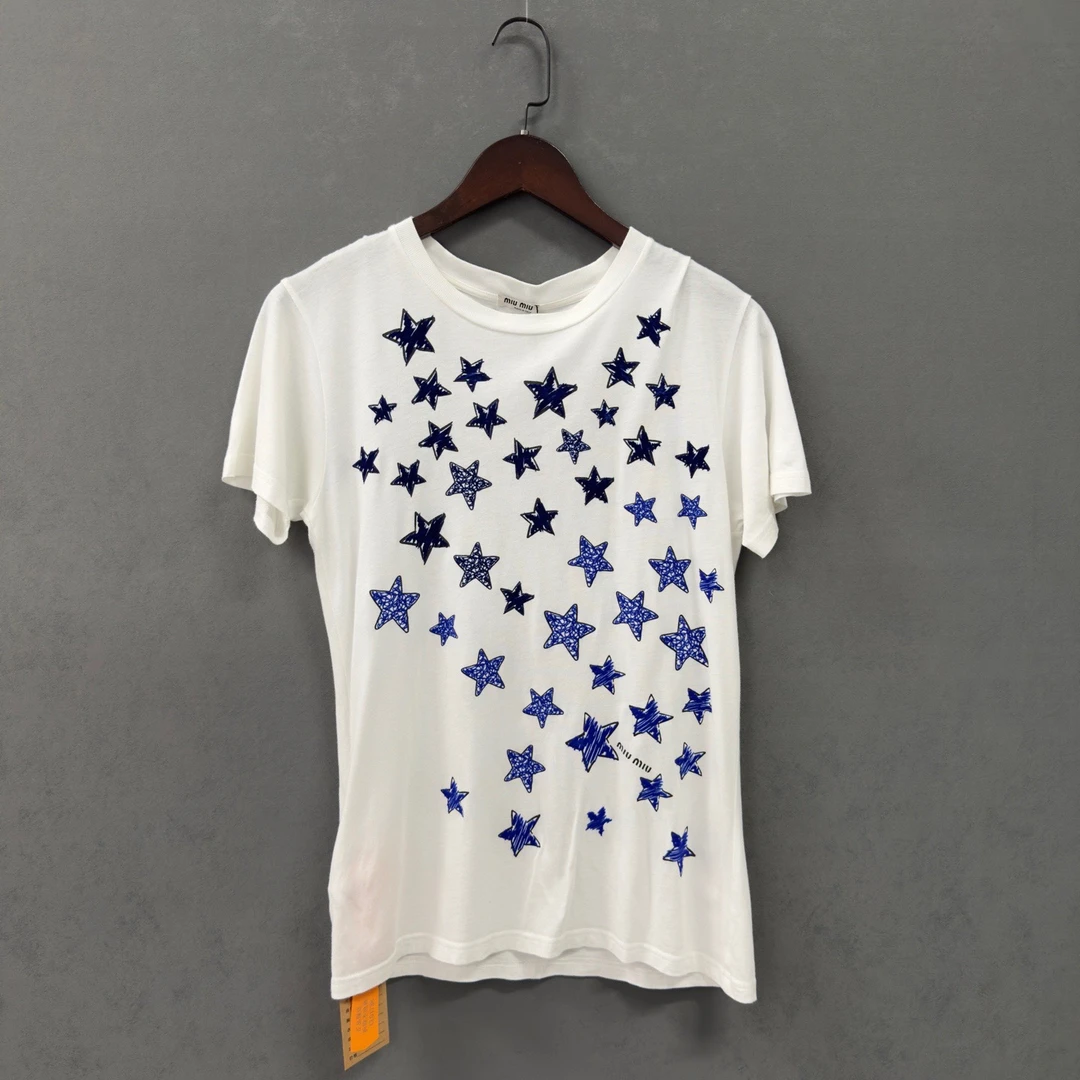 99新 MIU MIU/缪缪 MiuMiu缪缪 渐变丝绒星星短袖T恤S码 cl01738