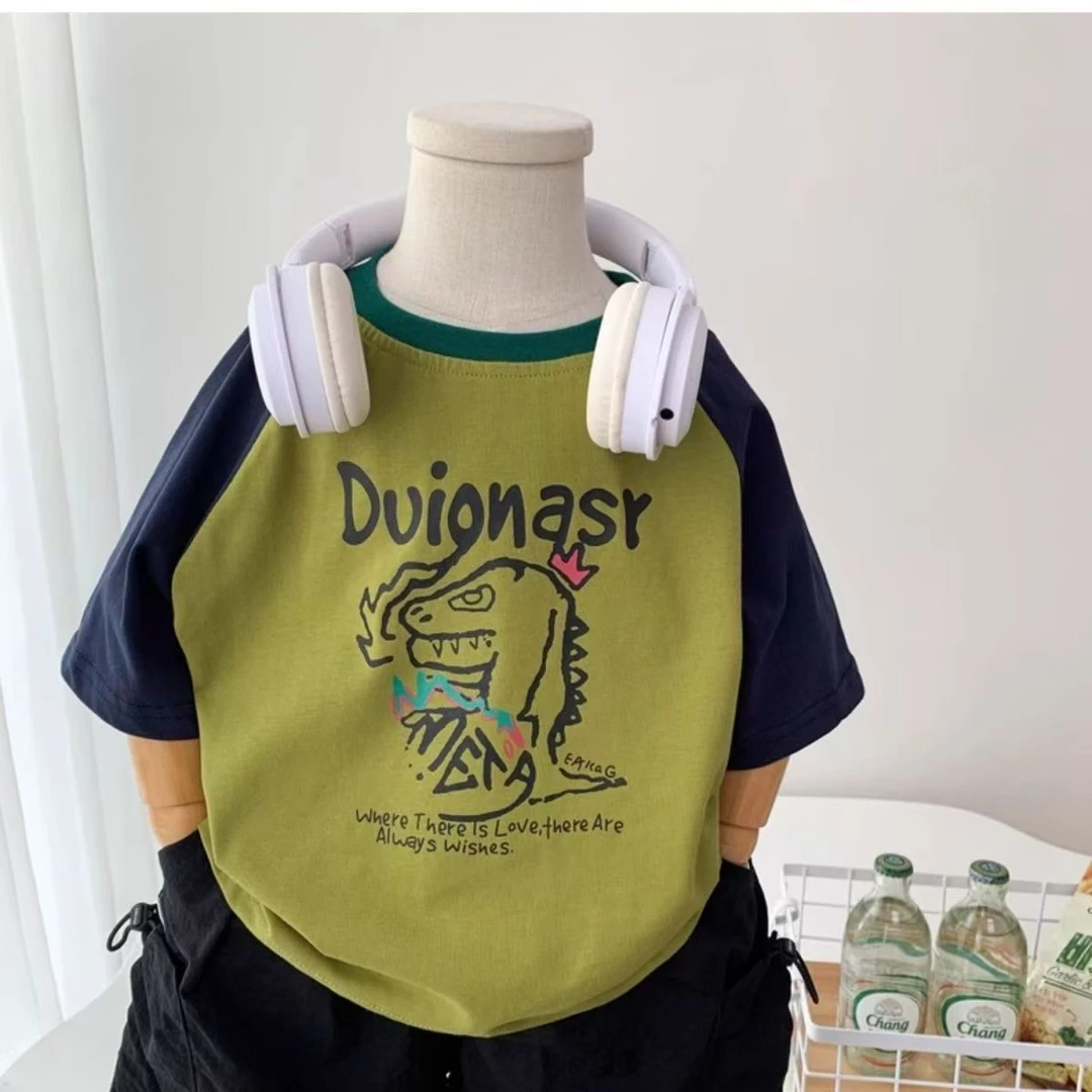 2025新款男童纯棉卡通短袖夏季新款恐龙圆领套头上衣拼色韩版