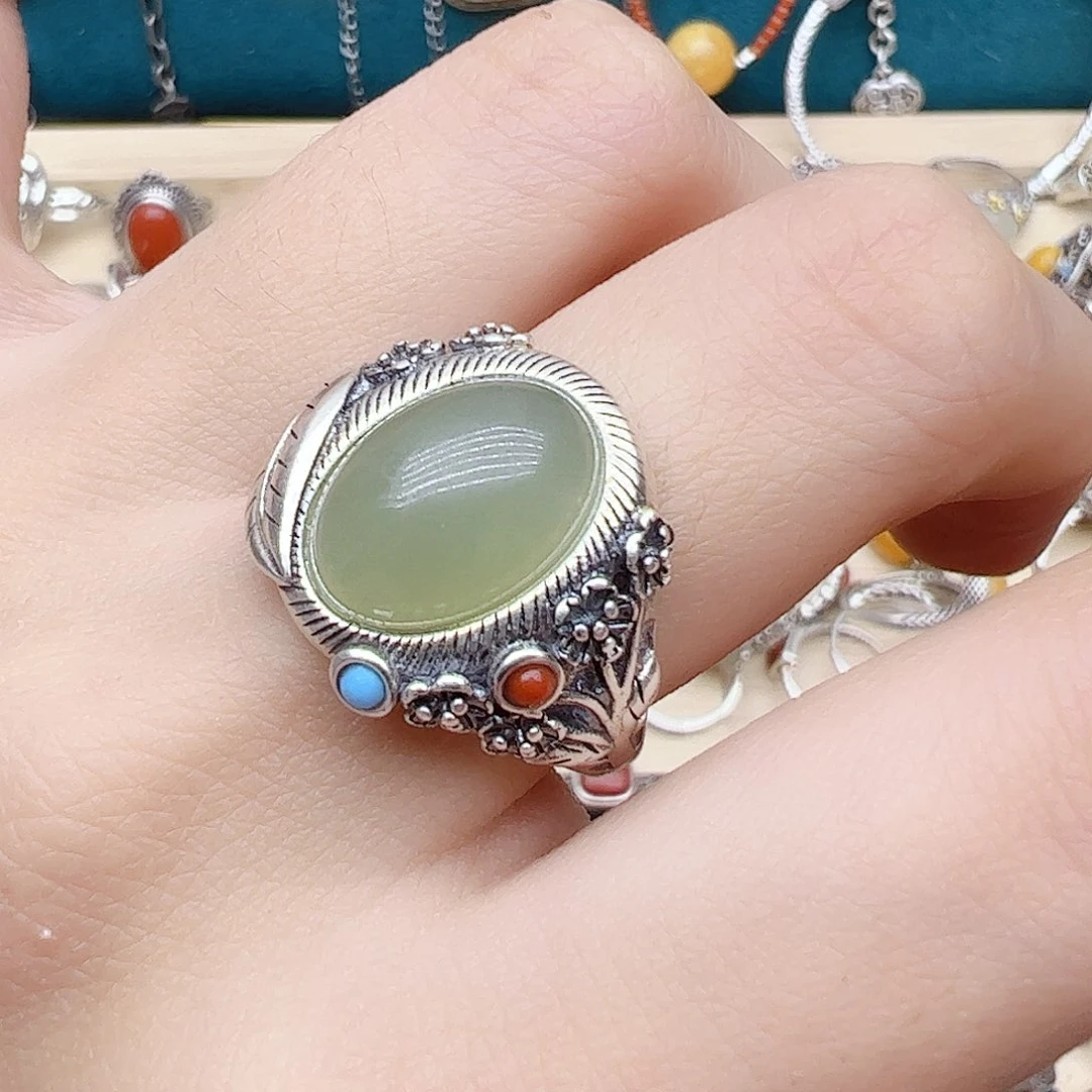 和田玉戒指银S925镶嵌