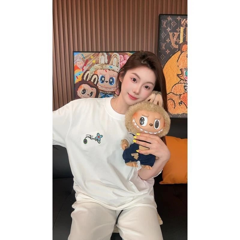 【九亿专属】新款 L刺绣花卉字母夏季圆领宽松休闲纯棉短袖6020