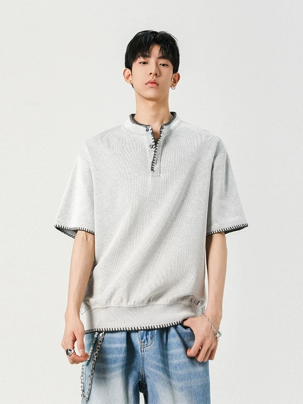 夏季美式潮风亨利领重磅针织短袖T恤男女同款休闲半袖上衣百搭