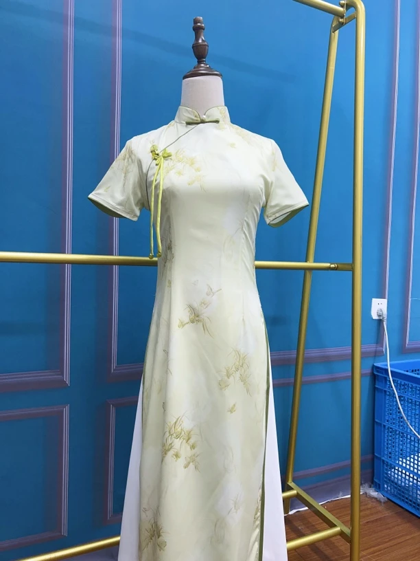 W-2813 柳叶儿 玲珑嘛 双层 奥黛 夏款年轻款改良旗袍115cm长款