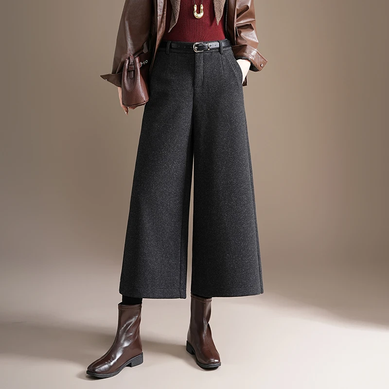羊毛呢八分裤女秋冬新款加厚裙裤宽松直筒裤高腰显瘦小个子阔腿裤