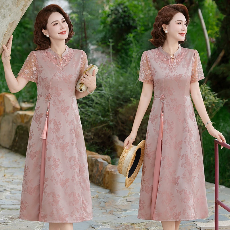 妈妈夏装短袖连衣裙新款显瘦遮肉气质中老年女装新中式中长款裙子