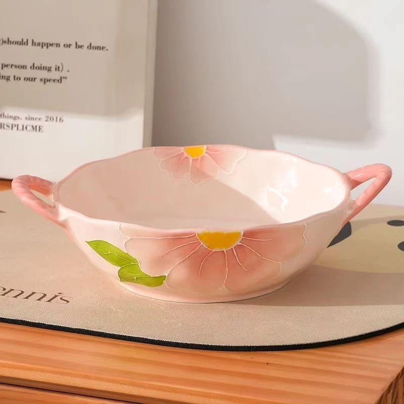 清晨物语9.5寸1碗1勺陶瓷双耳汤碗大面碗精致手绘浮雕高温釉下彩