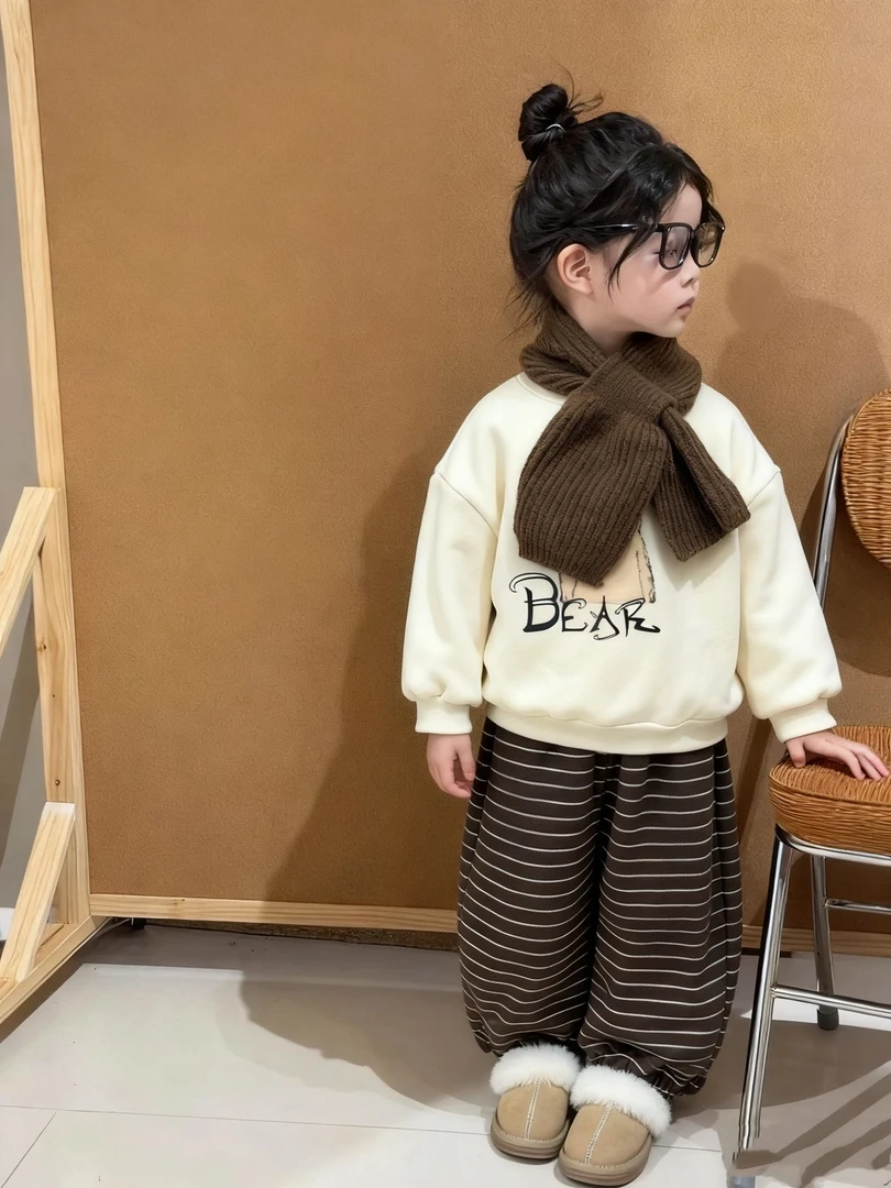 25秋冬女童男童儿童长袖百搭休闲加绒卡通套头套装