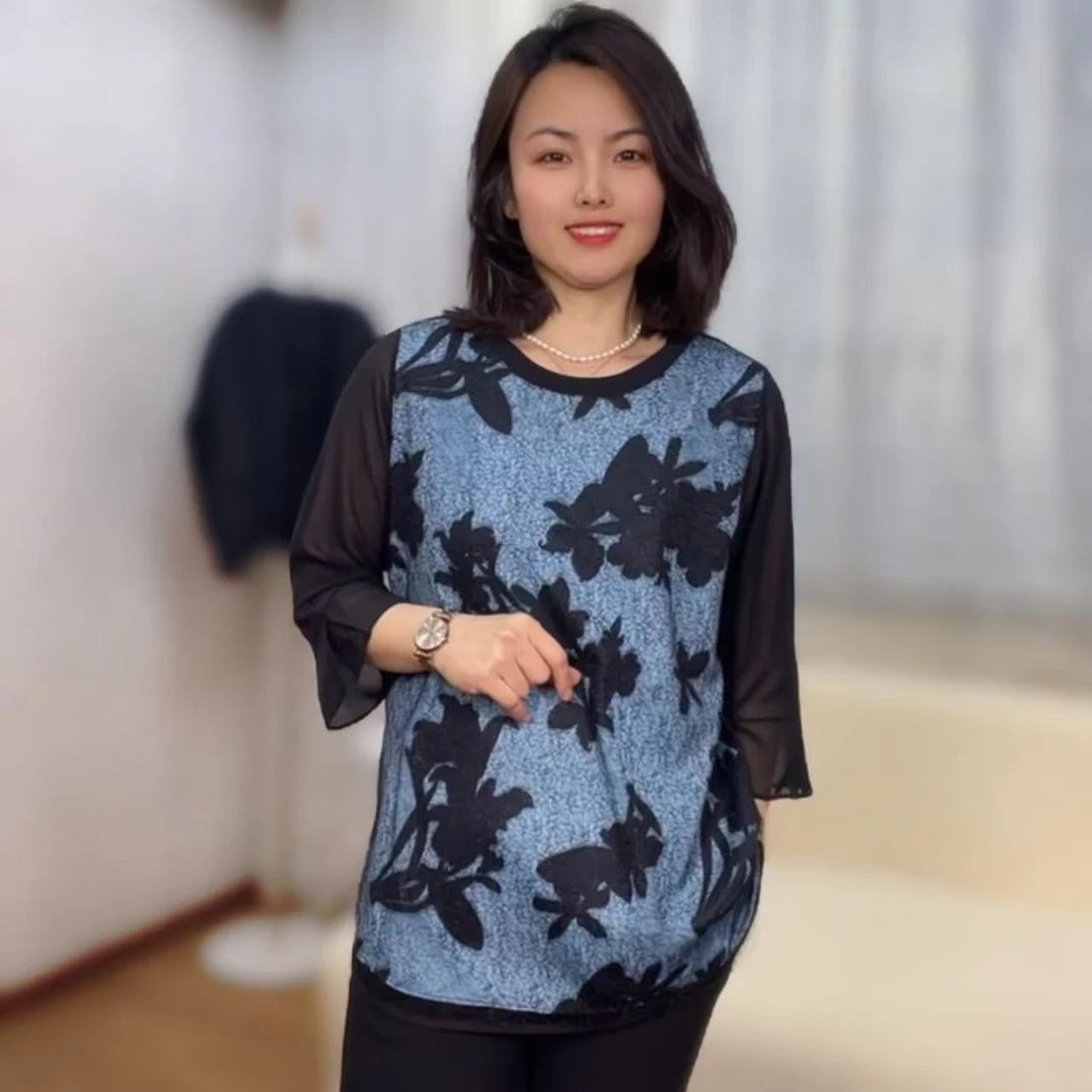 【香香优选】韩国圆领薄纱双层花纹中袖衫新款女士时尚洋气舒适百搭