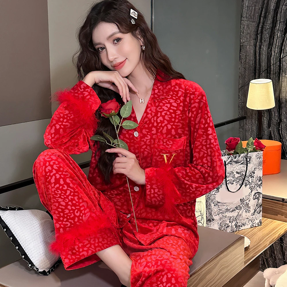 红色本命年金丝绒睡衣女春秋季长袖套装小香风家居服秋冬天可外穿