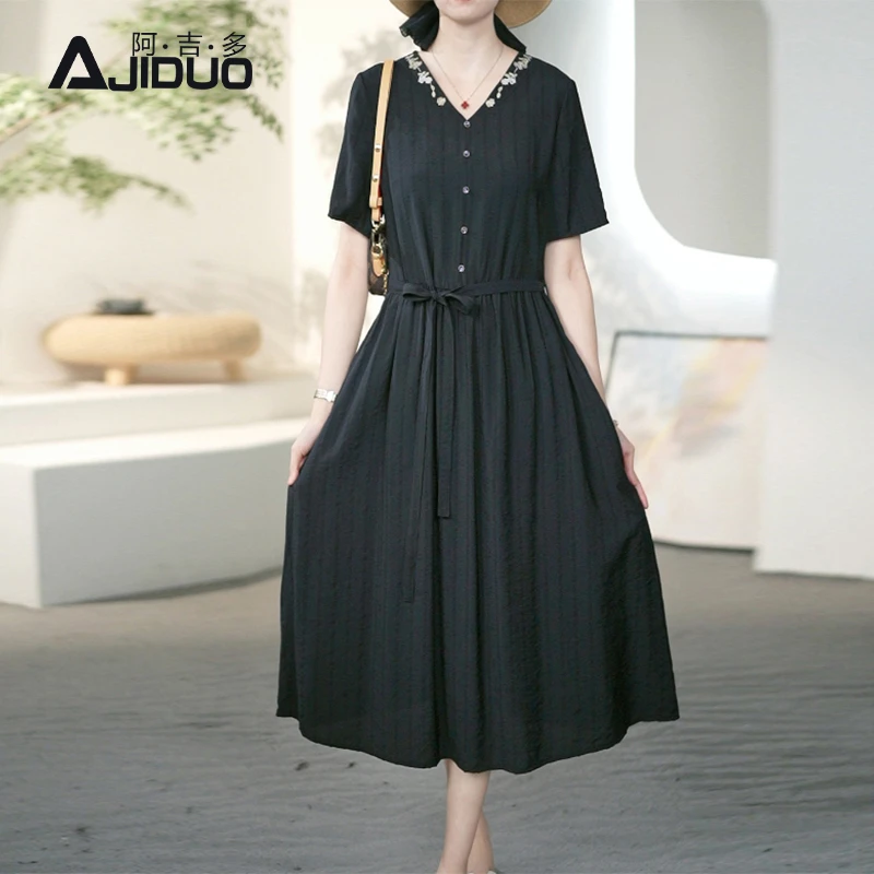 A21790阿吉多高档绣花连衣裙女夏季新款系带收腰长裙洋气妈妈裙子