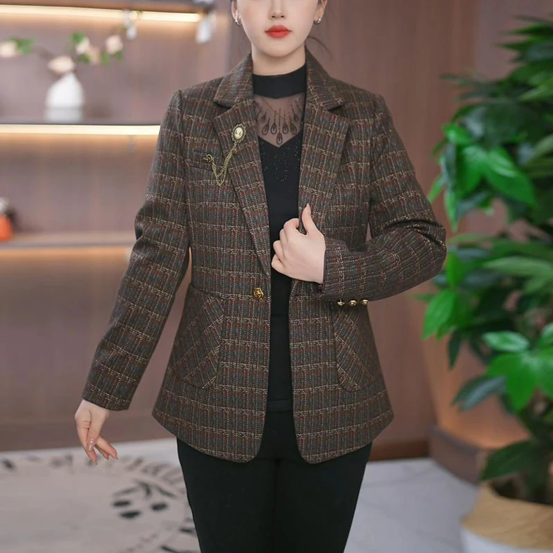 【欣雅琪定制】中年妈妈格子外套女2025年春装干练洋气大码西服上衣