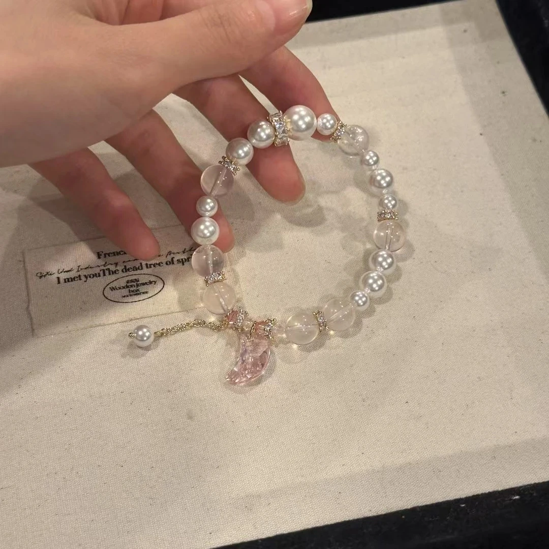 D72 「月亮星石」9mm粉晶+8mm贝珠设计款手串 颜色微差