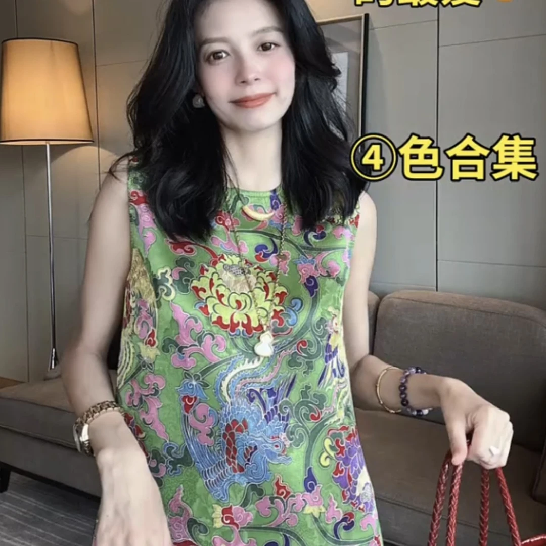 免烫提花圆领透气中长款夏季上衣复古无袖显瘦民族风小众