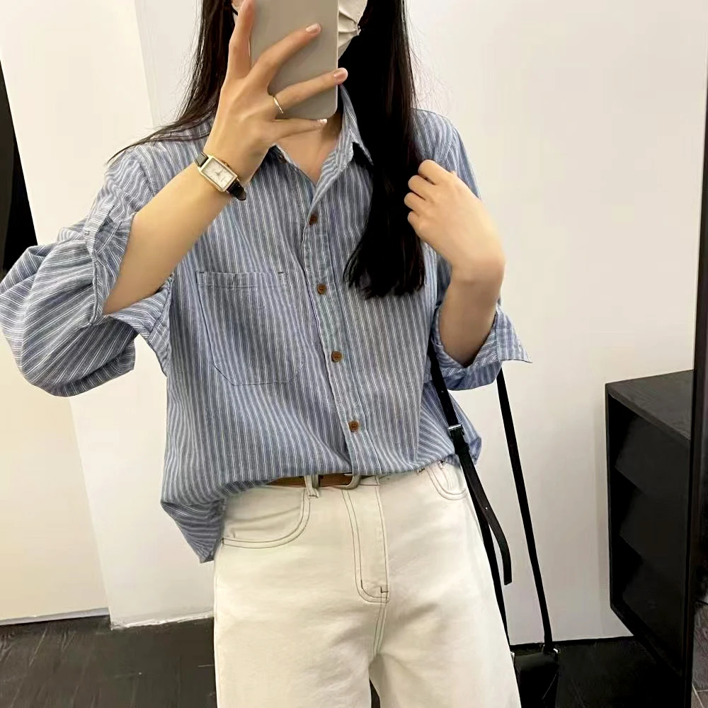 春季新款条纹衬衫女纯棉尖领小个子衬衫百搭时尚叠穿上衣