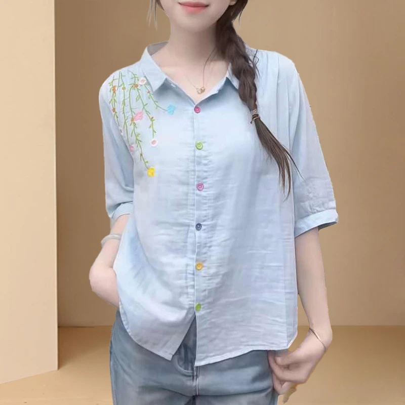新中式刺绣短袖衬衣女款2025新款夏季新款宽松藏肉显瘦洋气上衣潮